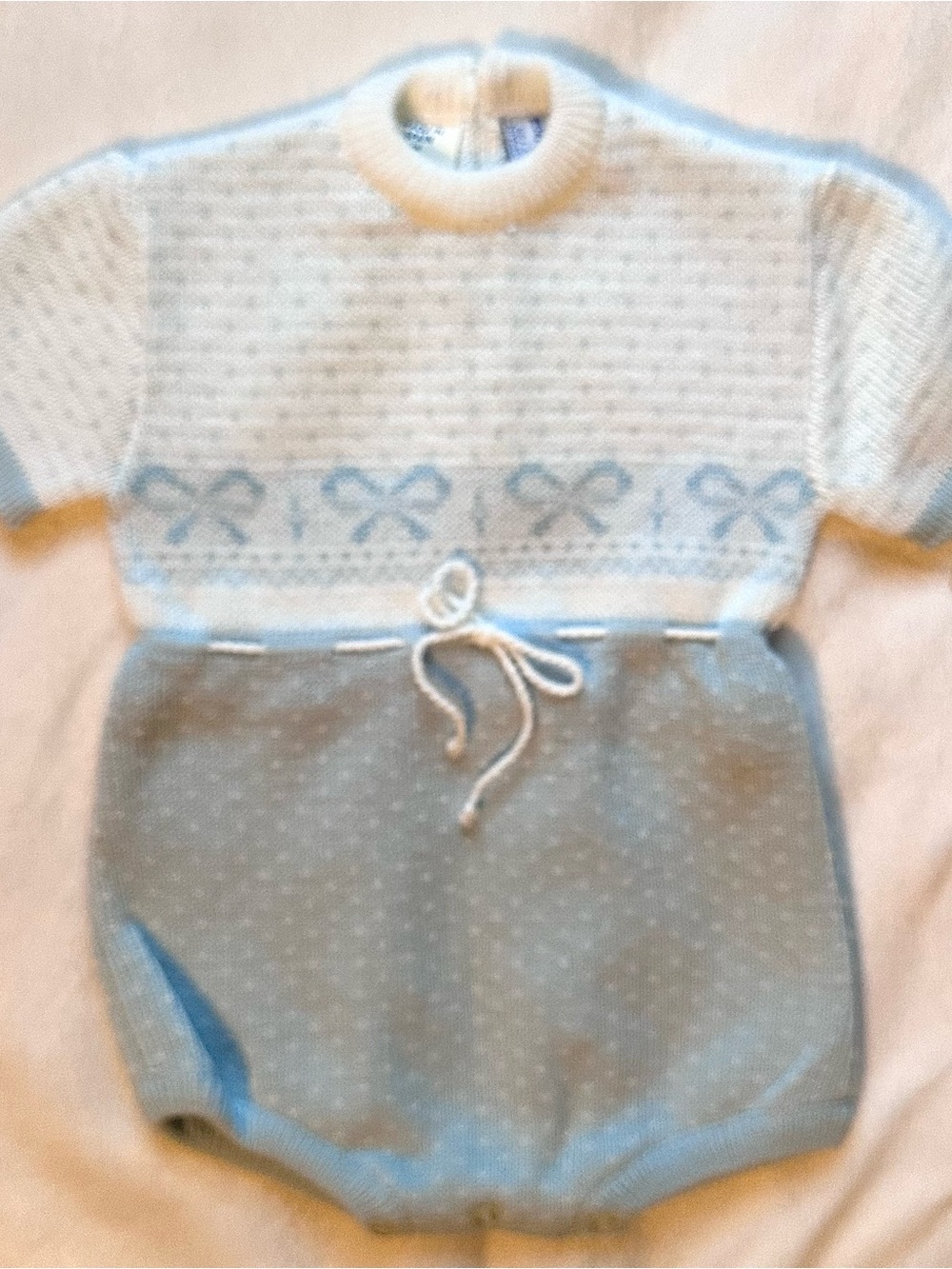 Vintage Neiman Marcus Knit Sweater Romper Jumper 1pc Baby Boy 6-12m Spain Blue